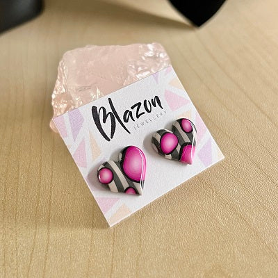Small heart studs pink bubbles