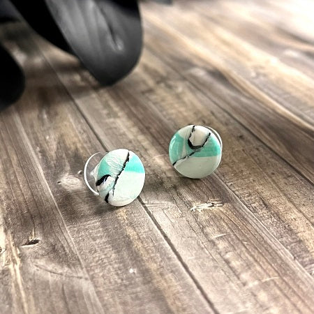 Small round studs, blue/green pearl white watercolour abstract, handmade earrings