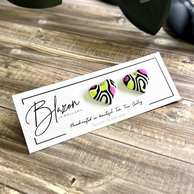 Small stud earrings pink green swirl