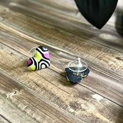 Small stud earrings pink green swirl