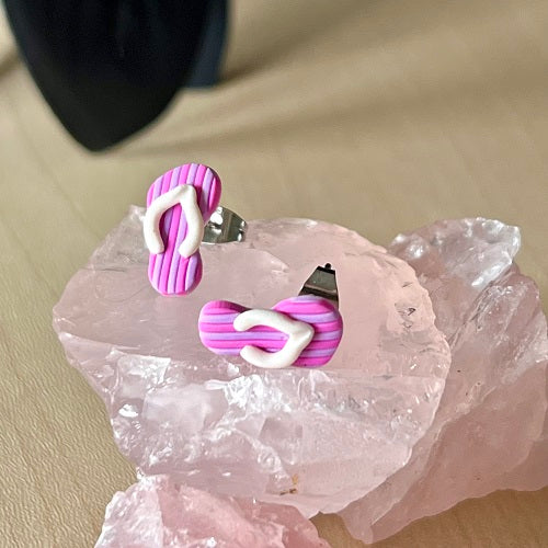 Thongs stud earrings pink purple stripes