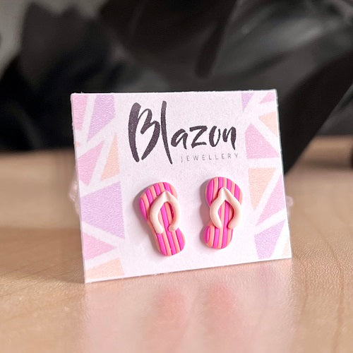 Thongs stud earrings peach pink stripes