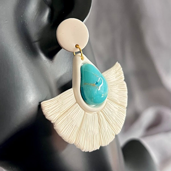 White macrame large earrings turquoise blue close up