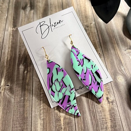 XL Leaf earrings blue purple abstract