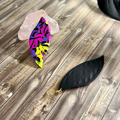 XL leaf earrings pink purple abstract