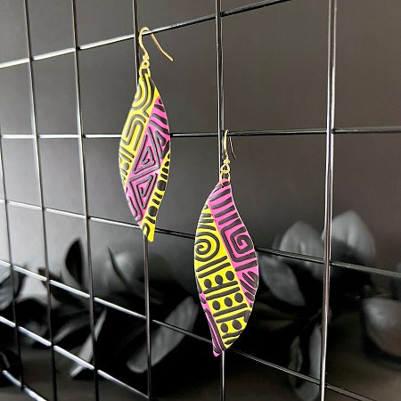 Extra Large leaf earrings pink yellow tribal