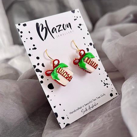 Christmas present novelty dangle earrings white