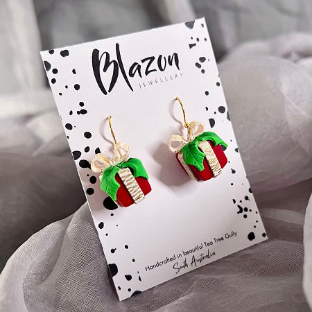 Christmas present novelty dangle earrings red