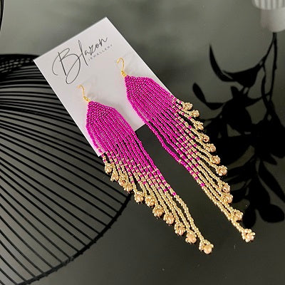 beaded fringe earrings pink gold
