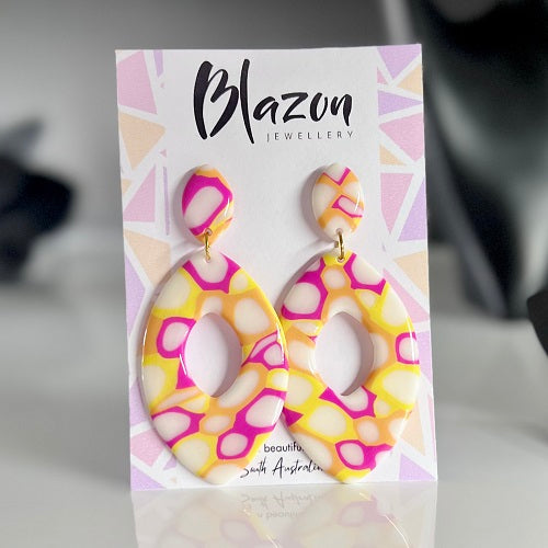 Large almonds, pink yellow orange abstract, handmade earrings