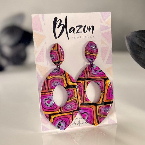 Large almonds, pink abstract swirl, handmade earrings