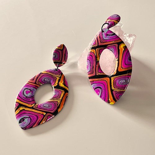 Large almonds, pink abstract swirl, handmade earrings