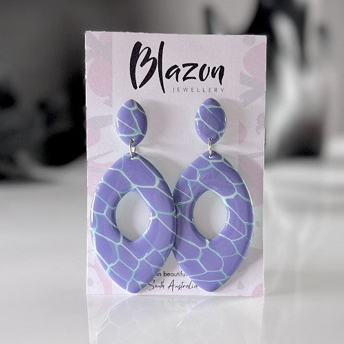 Large almonds, purple snakeskin abstract, handmade earrings