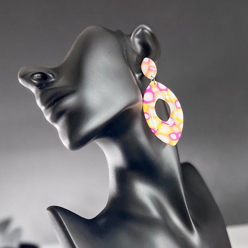 Large almonds, pink yellow orange abstract, handmade earrings