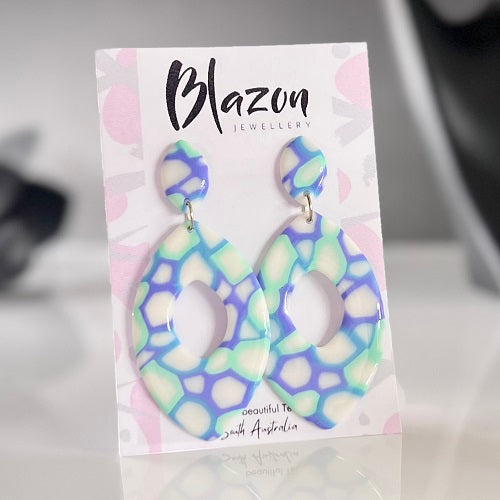 Large almonds, blue green purple abstract, handmade earrings