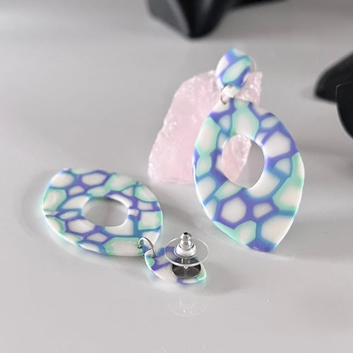 Large almonds, blue green purple abstract, handmade earrings