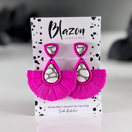 Large faux macrame earrings, hot pink, black and white