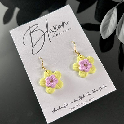 flower earrings yellow purple hooks