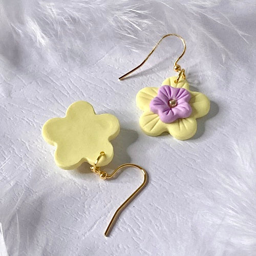 flower earrings yellow purple hooks