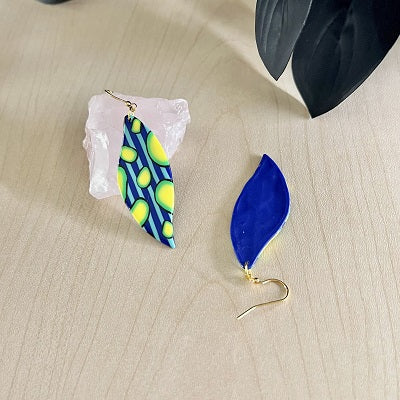 large leaf earrings blue bubbles