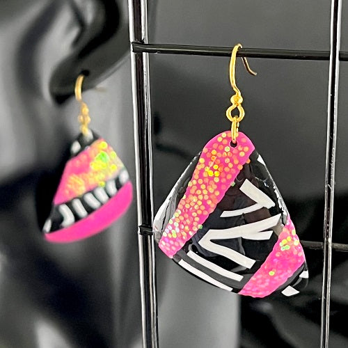 large triangle earrings pink glitter zebra