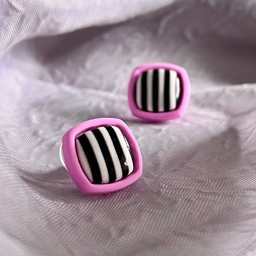 square stud earrings black and white stripe