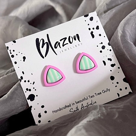 striped stud earrings inlay pink and green