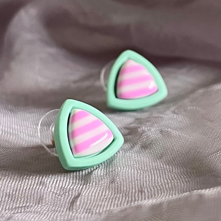 striped stud earrings inlay pink and green