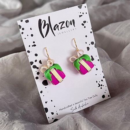 Christmas present novelty dangle earrings pink