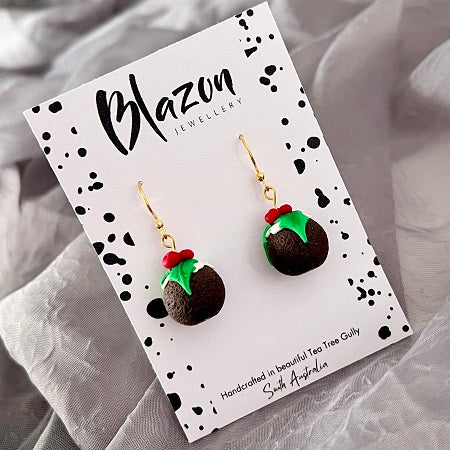 Christmas pudding dangle earrings, gold plated hook, handmade