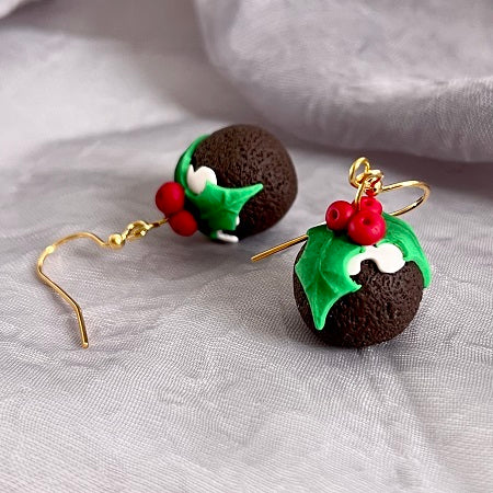 Christmas pudding dangle earrings, gold plated hook, handmade