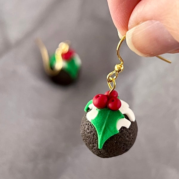 Christmas pudding dangle earrings, gold plated hook, handmade